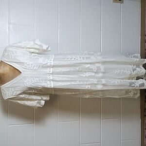 Pologram Cream Lace Netting Overlay Midi Dress Scalloped Hem Flutter Sleeve